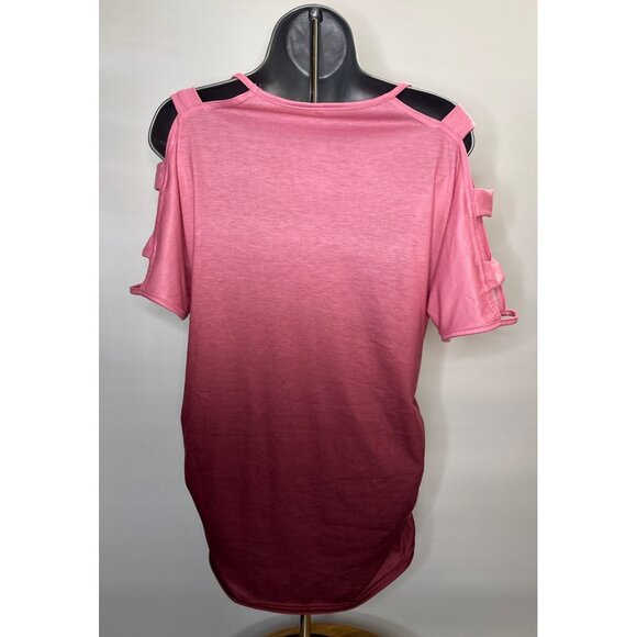 Womens V Neck Short Sleeve Cold Shoulder Cutouts Shirt Light Rose Burgundy, Wine - Picture 6 of 16